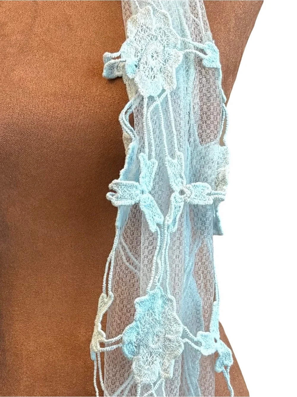 Sheer Baby Blue Floral Lace Scarf Fringe 76” Bohemian Coastal‎ Cowgirl Whimsical
